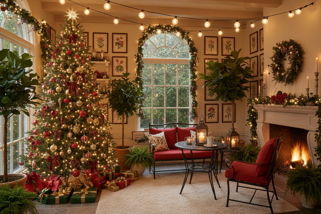 create a room that is set like a calssic style garden with christmas lights and a christmas tree